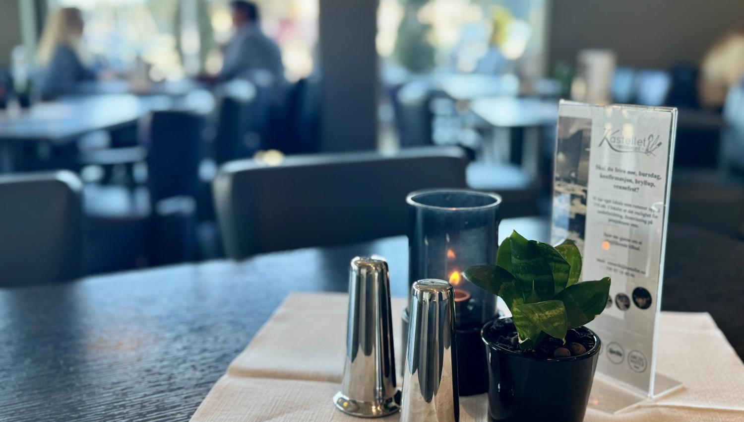 Close-up on the table with salt and pepper, a burning candle, and a small cozy plant.