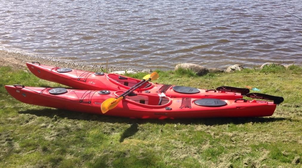 Two kayaks on land