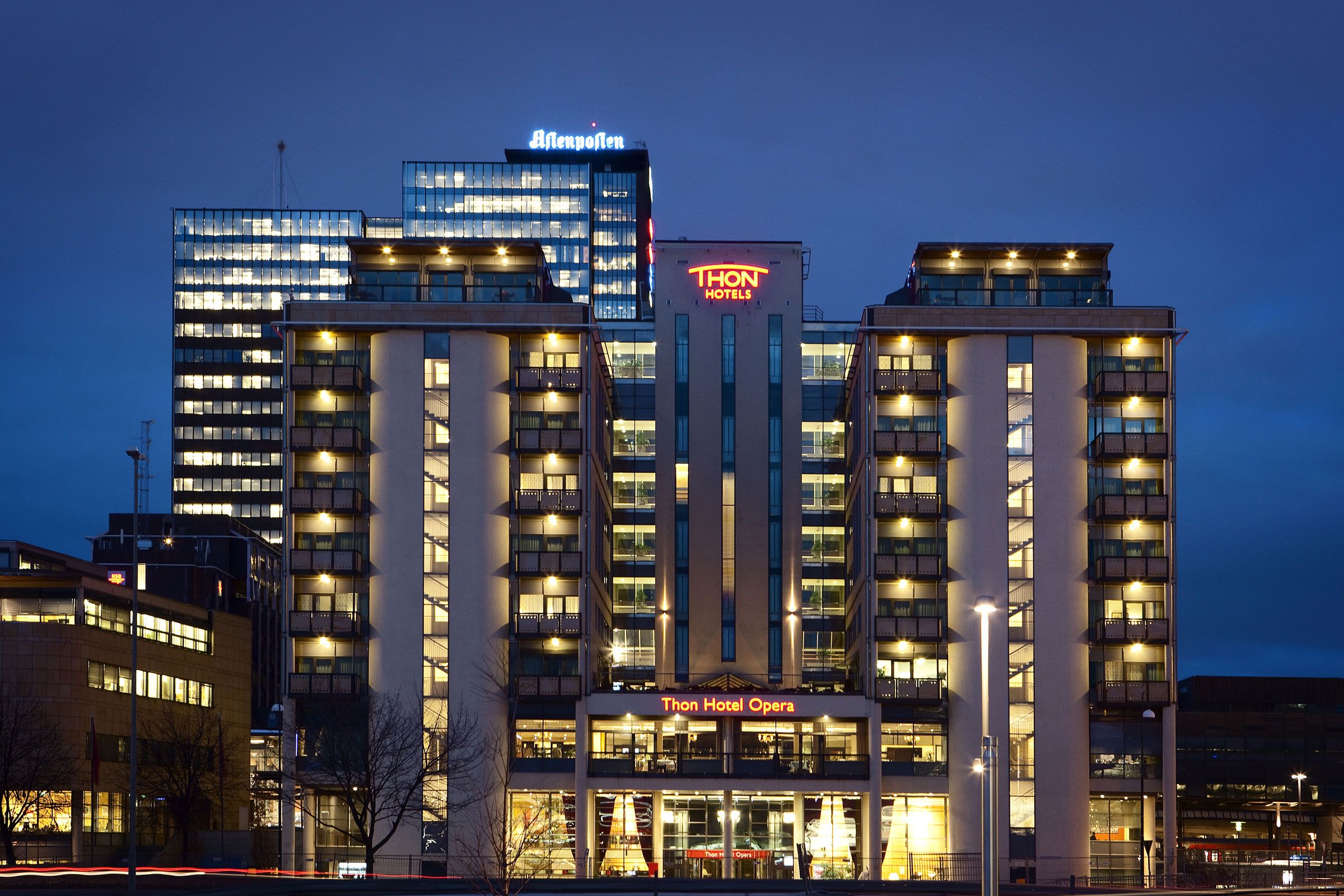 Exterior during nighttime.