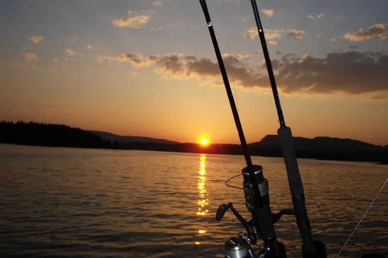 Two fishing poles in front of the sea, under a sunset.