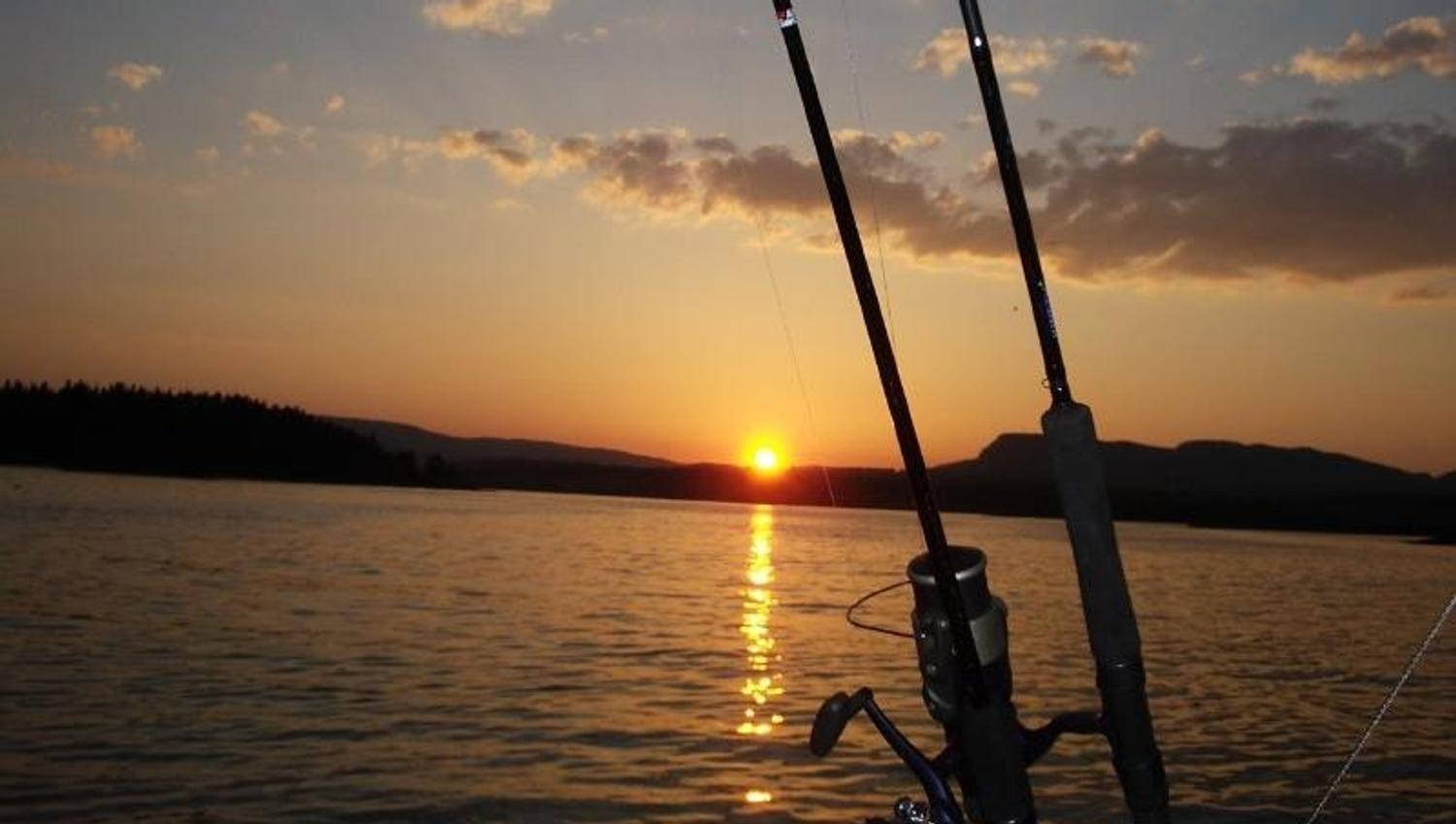Two fishing poles in front of the sea, under a sunset.