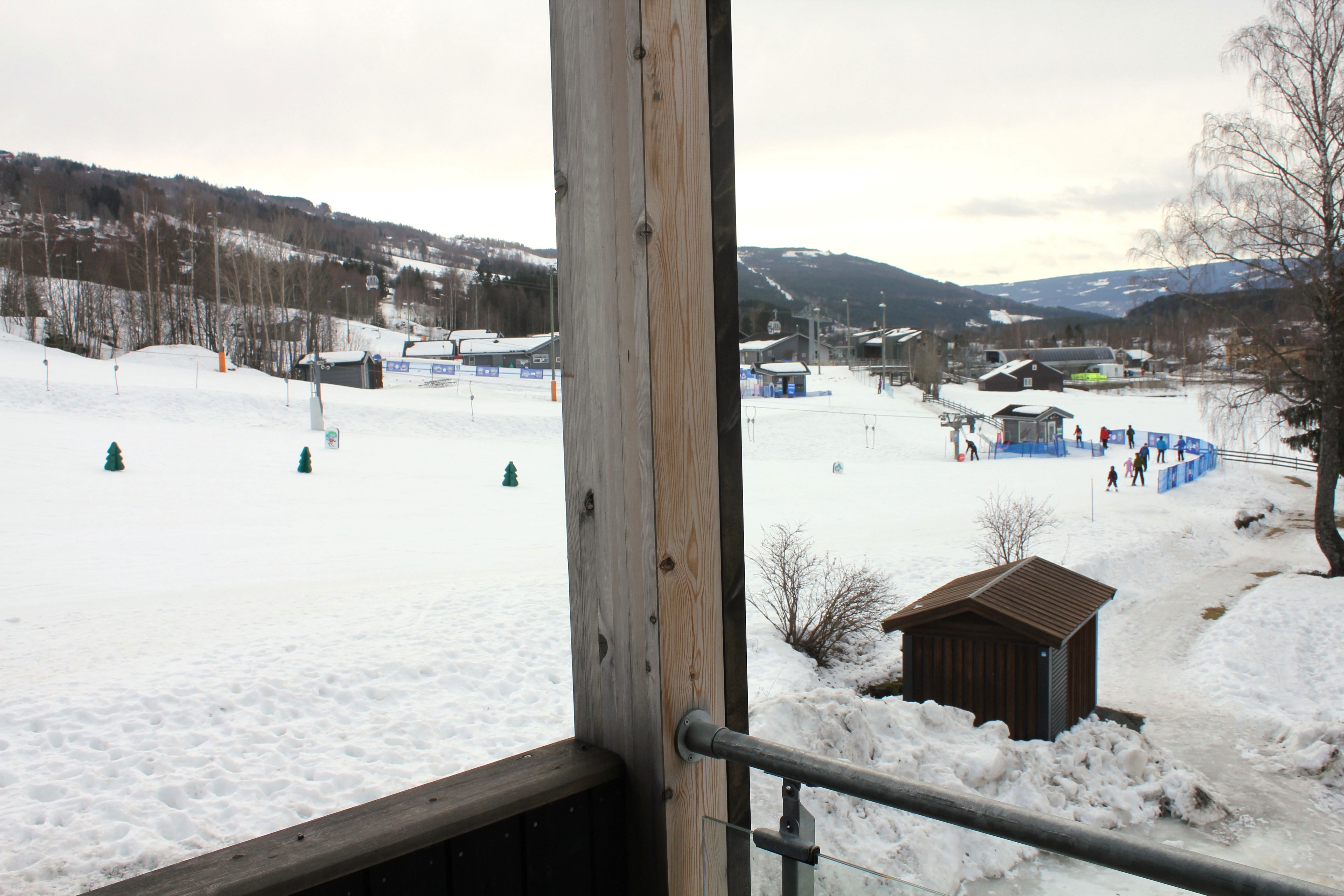 View of a snow-covered landscape from a balcony.