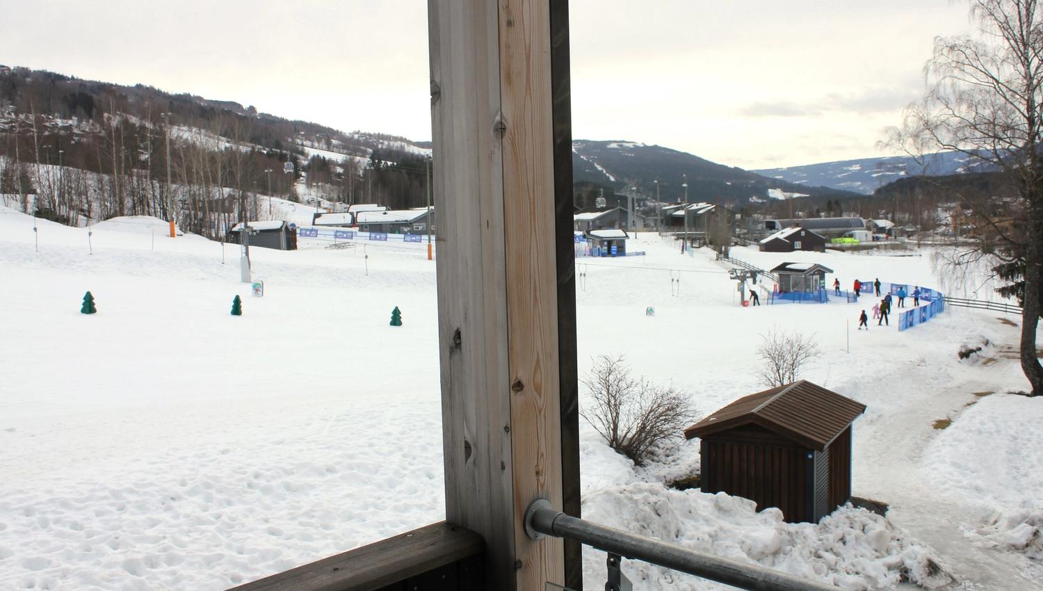View of a snow-covered landscape from a balcony.