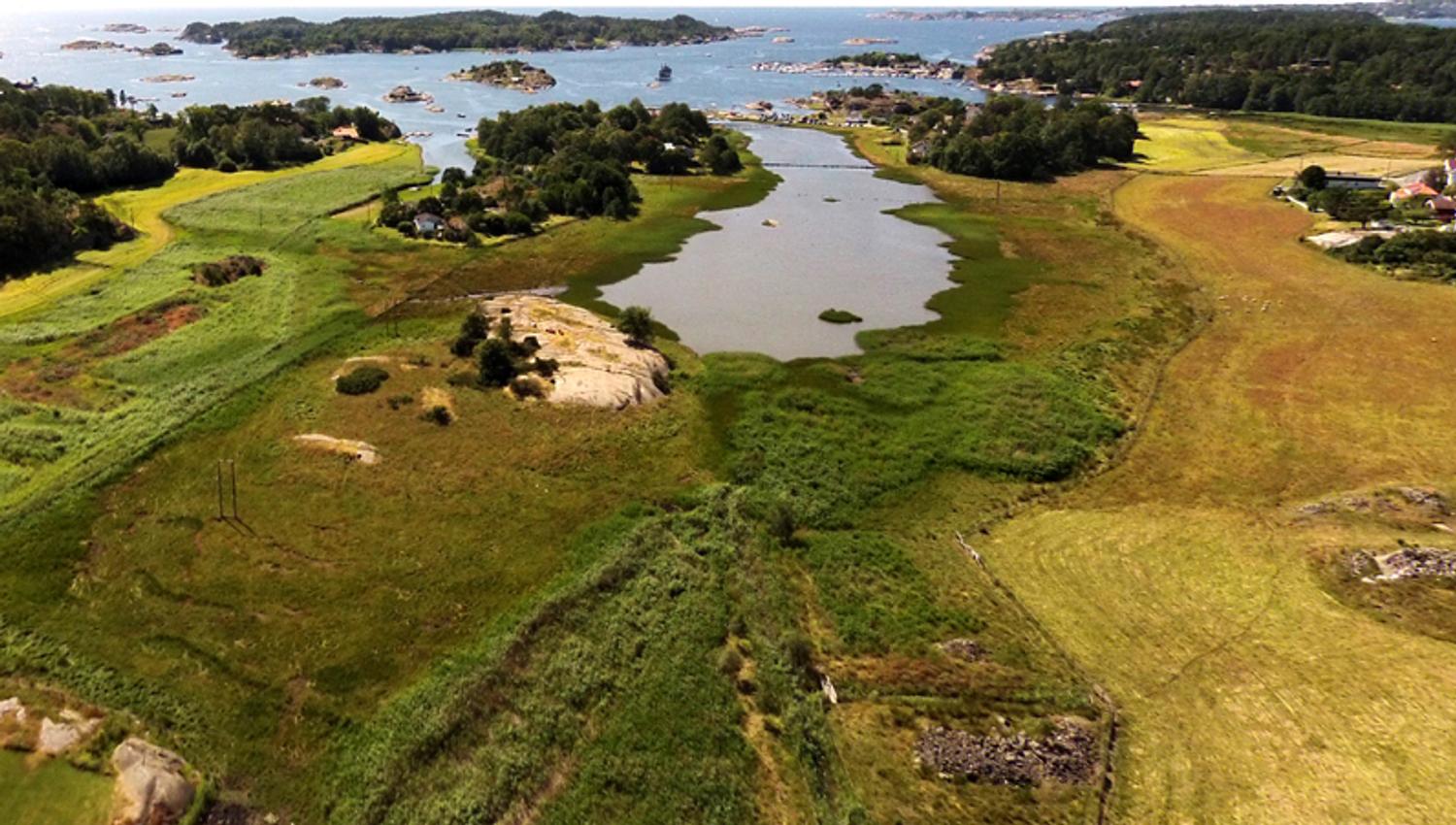 Overview of Kaupang. Green plot by the sea.