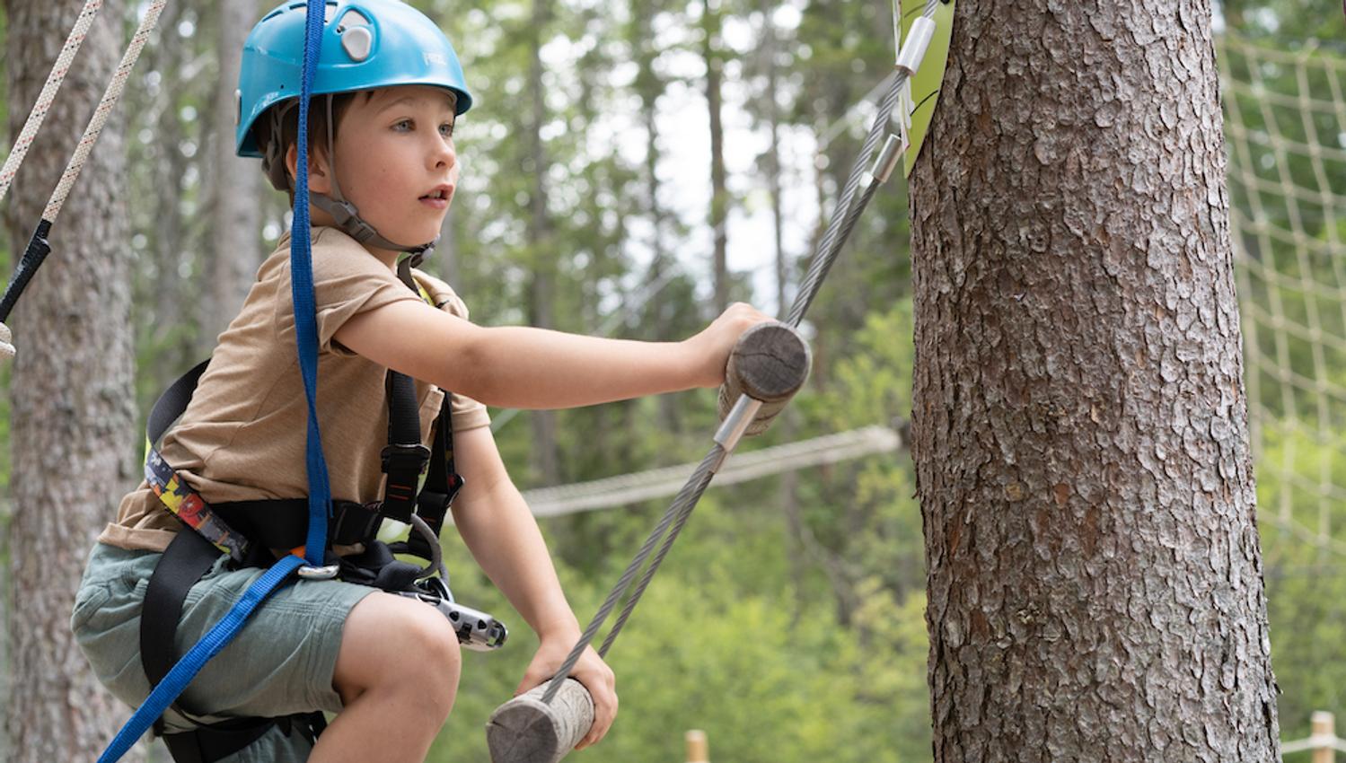 boy walks up a ladder in the climbing park High and Low in Bø in Telemark
