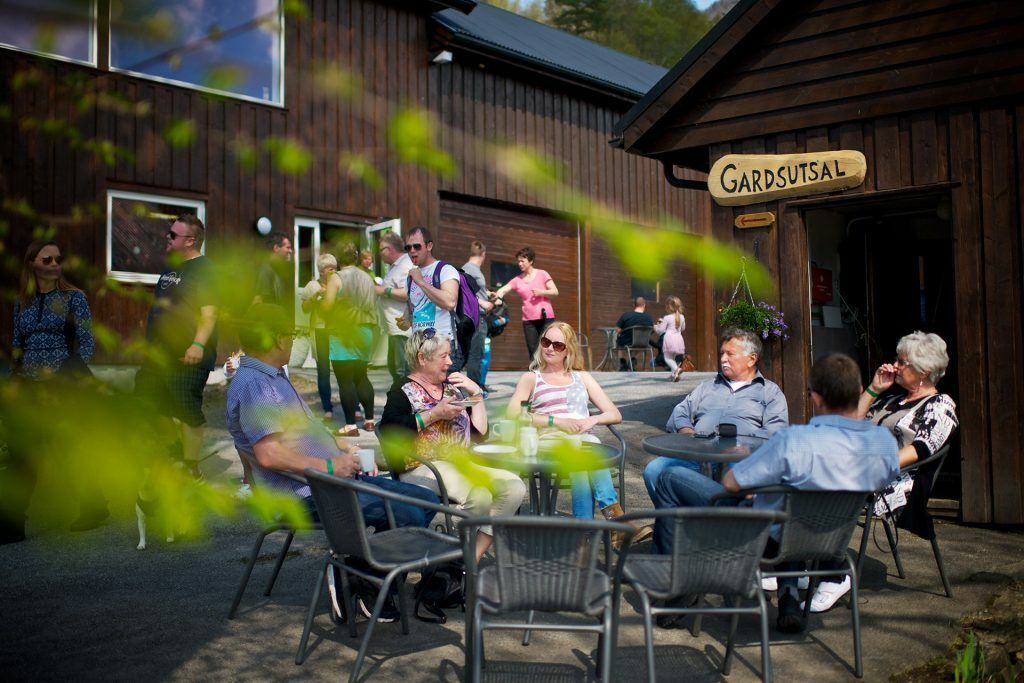 Gruppe sit ute ved Gardsutsalet i Ulvik på ein solrik dag.