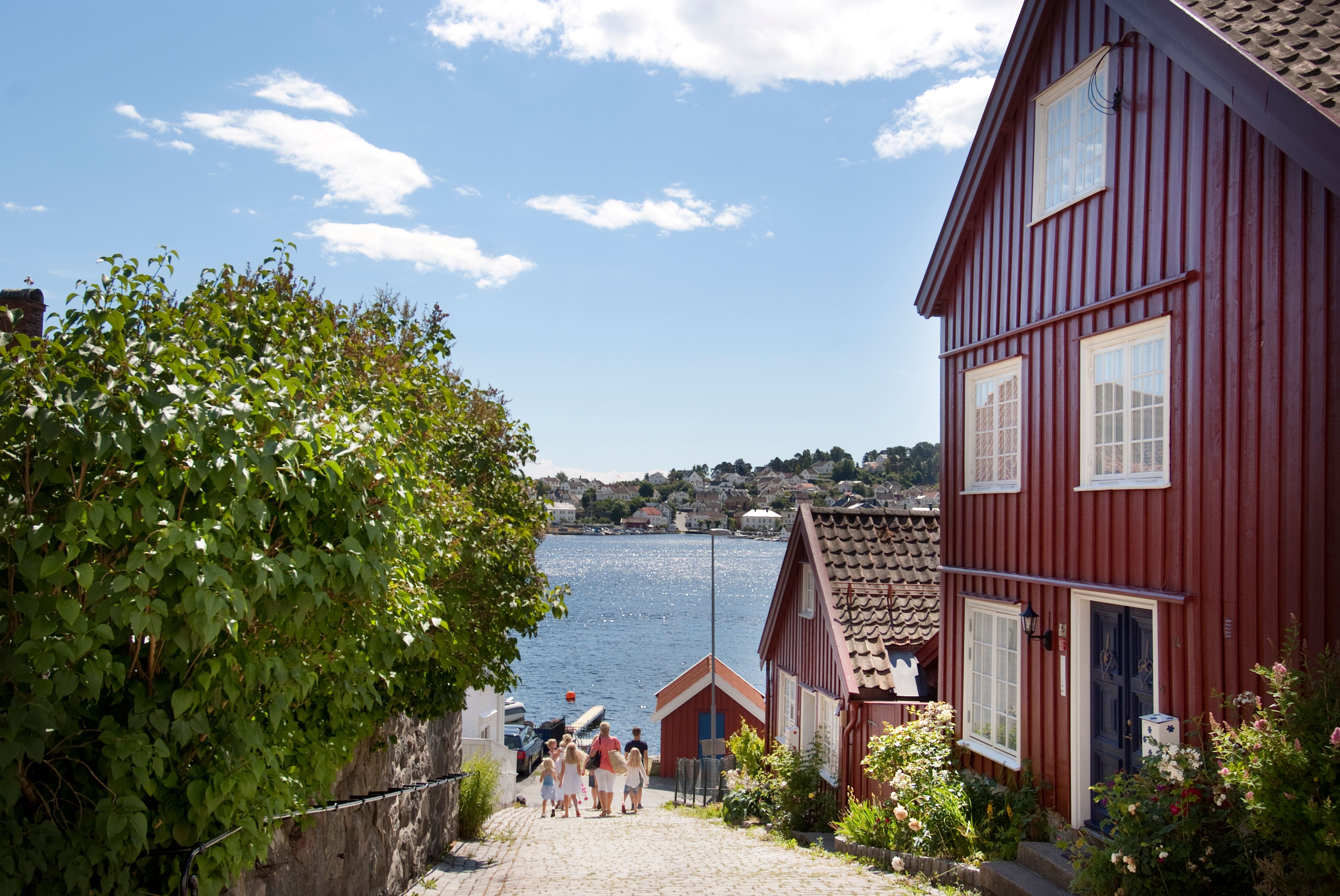 utsikten fra øverst i Kampebakken på Øvre Tyholmen ned mot sjøen