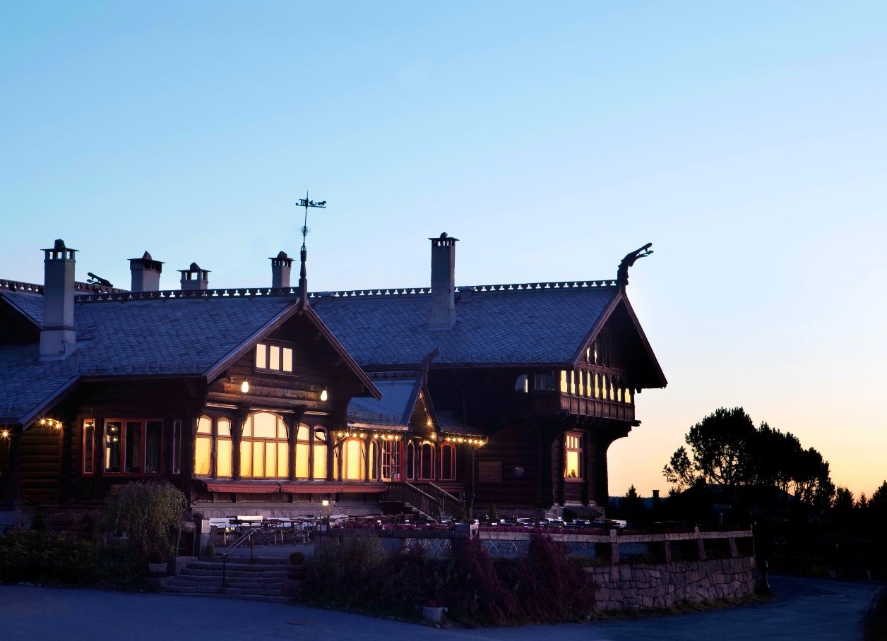 Exterior during evening.