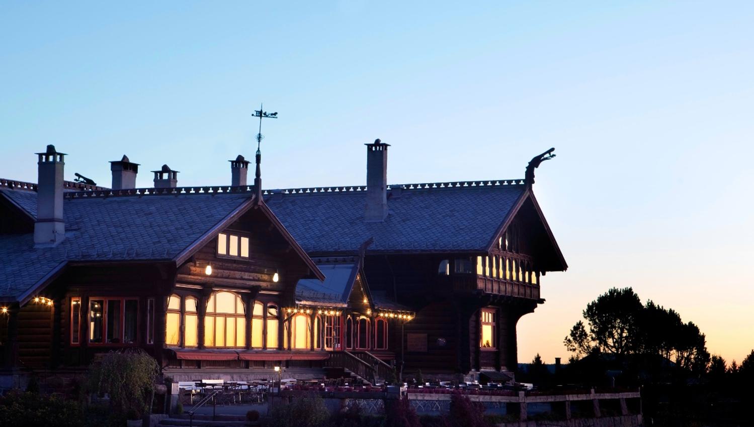 Exterior during evening.