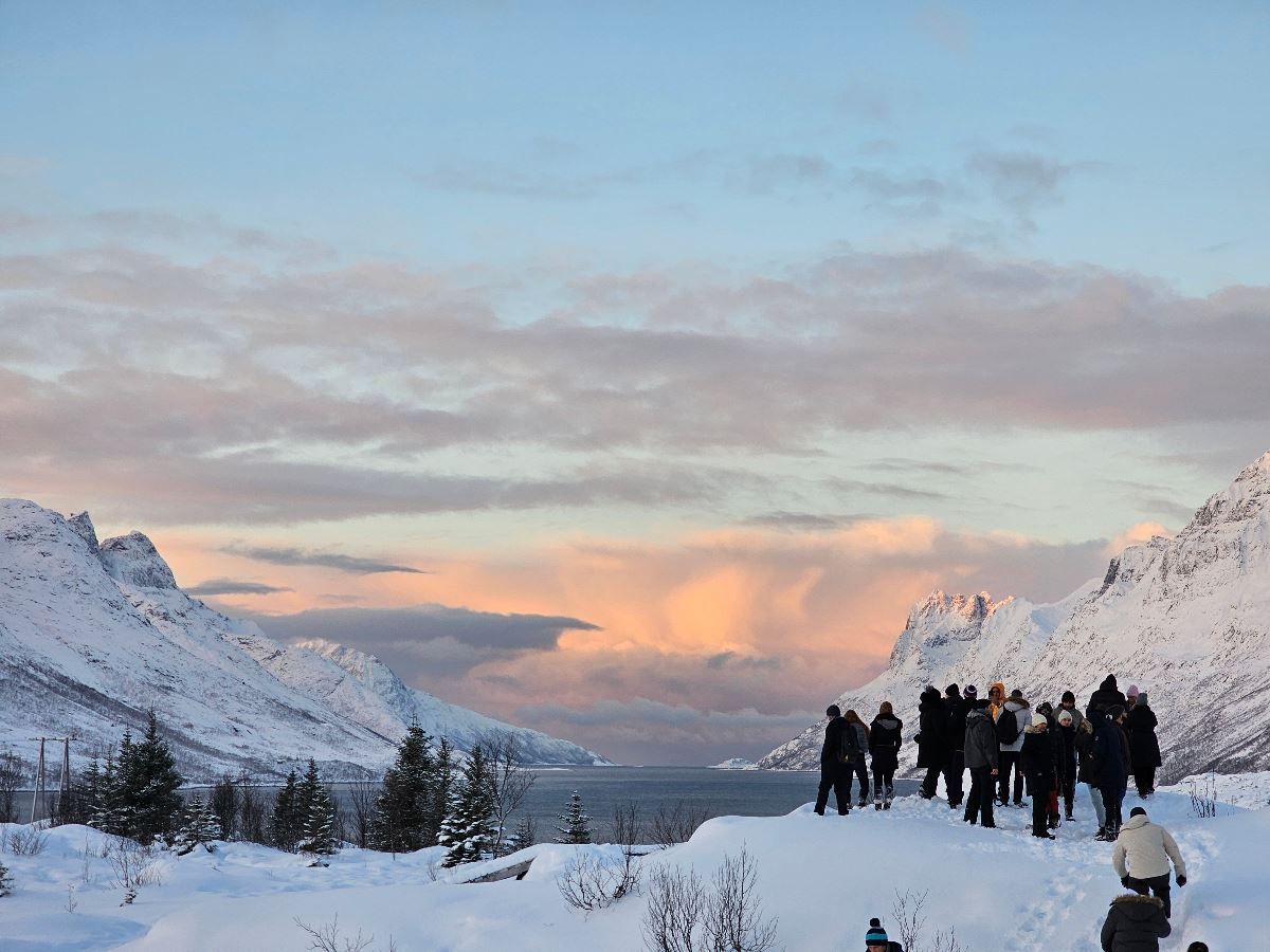Gjester ser ut på en fjord