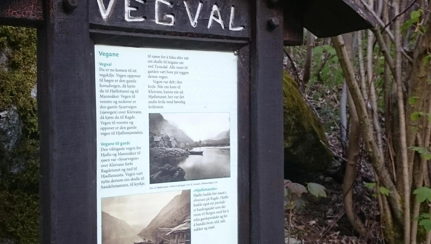 Informasjonstavle “Vegval” langs kulturstien Hjøllo–Mannsåker, med bilete og tekst om gamle ferdselsvegar.