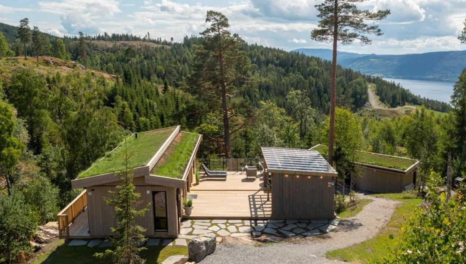Hyttebygg i tre omgitt av skog, med utsikt mot et fjell- og vannlandskap.