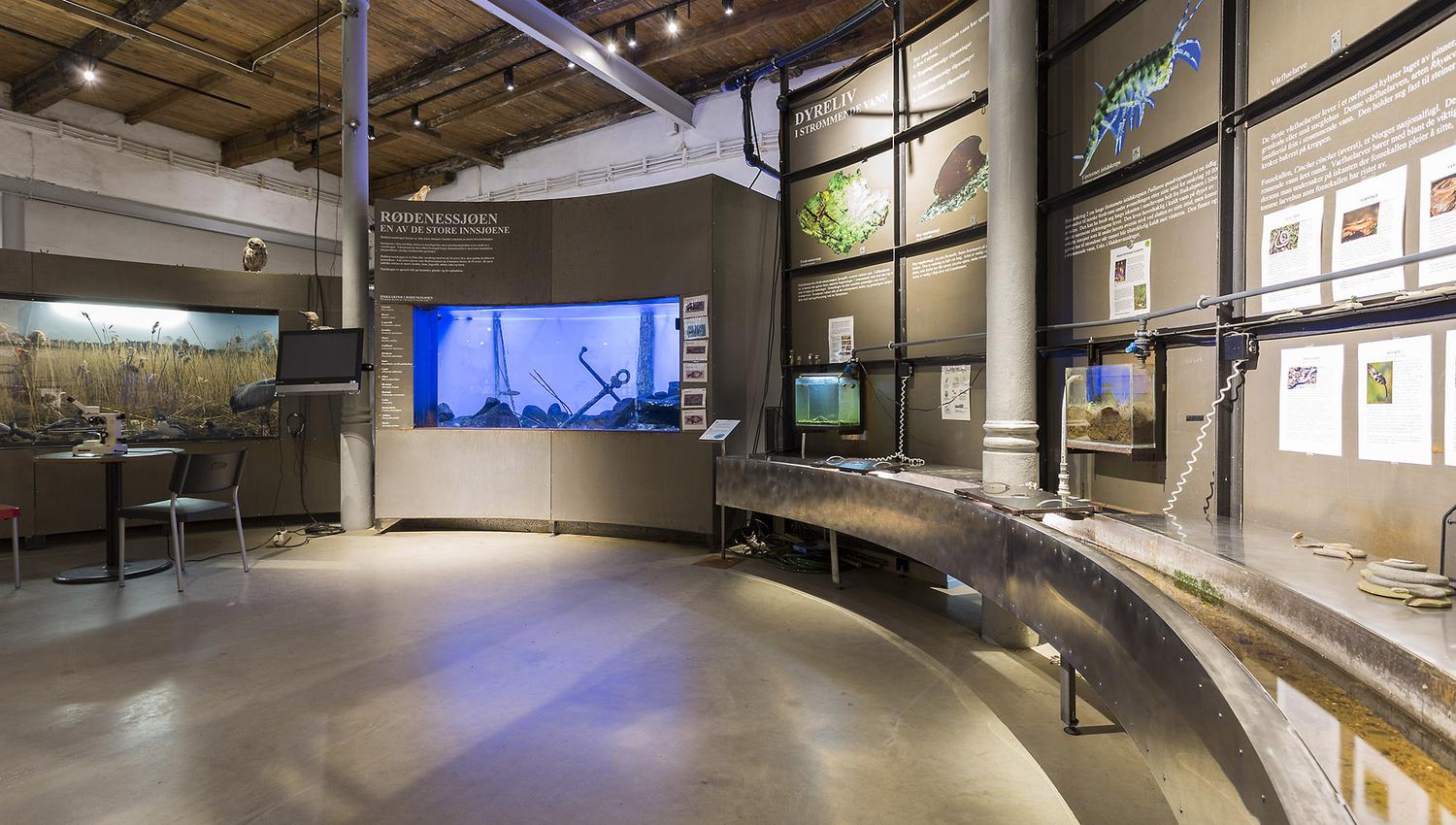 Bildet viser en utstilling inne på et museum. Langs veggene er det informasjonstavler, bilder av fisk og natur, og et stort akvarium med blått lys. Midt i rommet går en lang metall renne, trolig en del av en vann- eller kanalmodell.