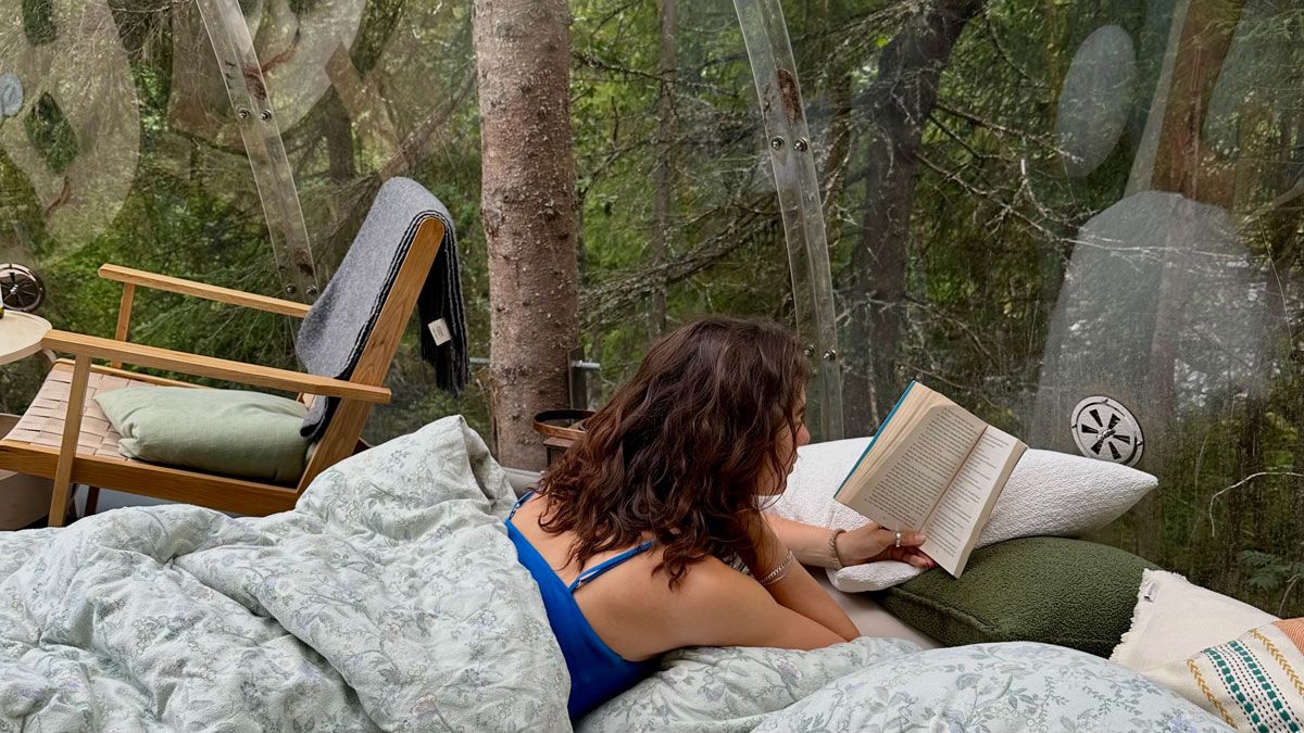 read in bed in a tree-top igloo by the Lårdalselva in Dalen
