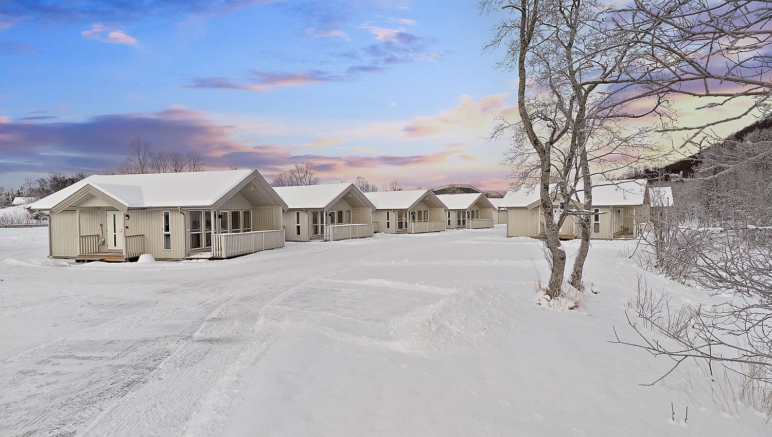Row of small cabins in a snowy landscape