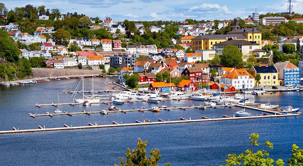 Arendal marina seen from Hisøy island across the fjord.