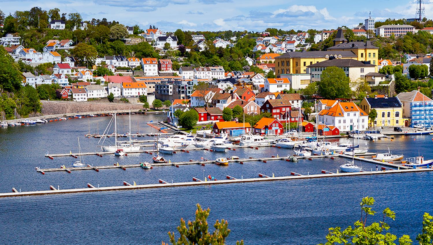 Arendal marina seen from Hisøy island across the fjord.