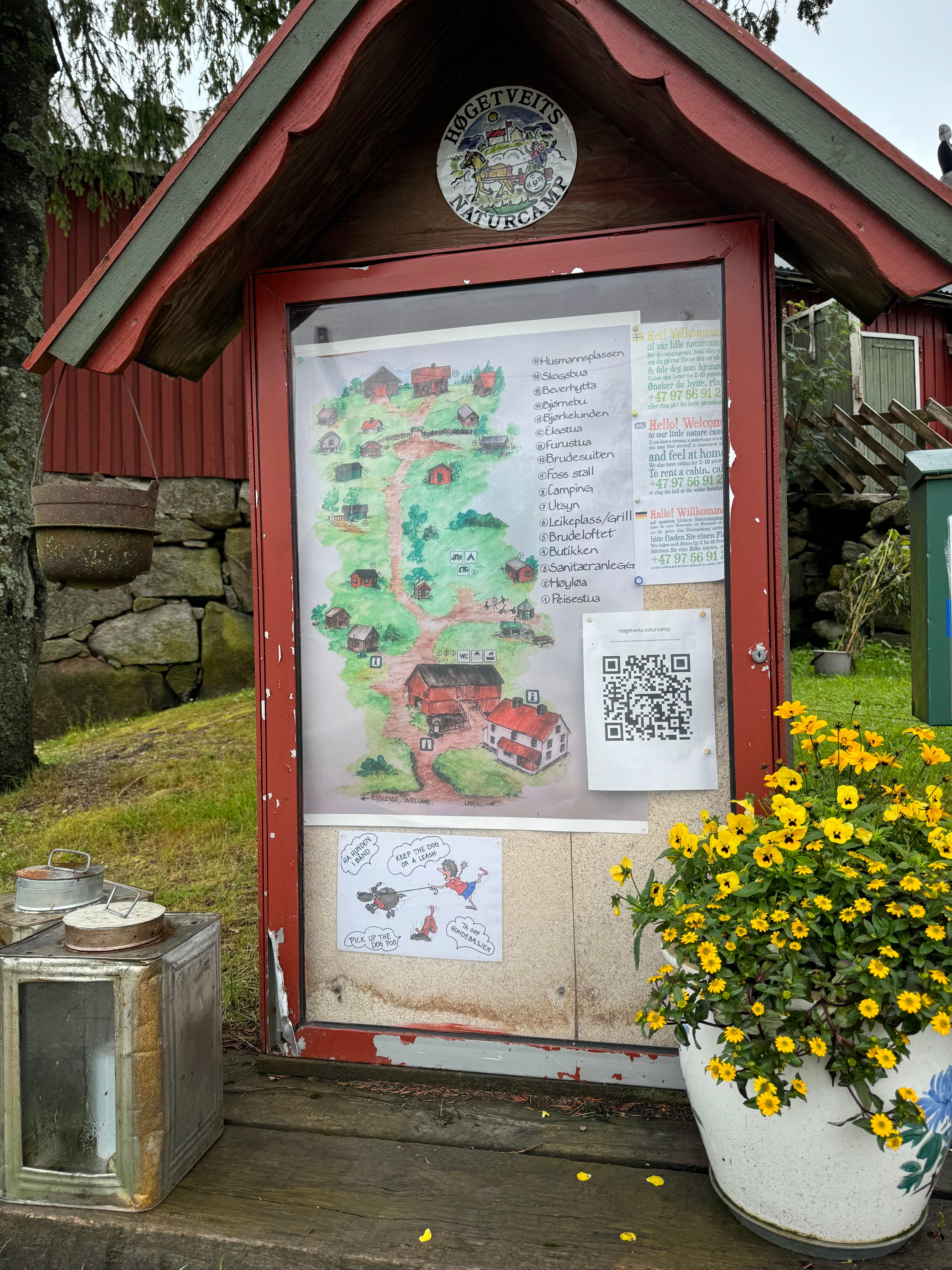 Infotavle på Høgetveits Naturcamp. Flott tegning over plassen, og ført opp med punktvis hvor ting ligger.
1.peisestua
2. høyløa
3. sanitæranlegg
4. butikken
5. brudeloftet
6. leikeplass/grill
7. utsyn
8. camping
9. foss stall
10. brudesuiten
11. furustua
12. elgstua
13. bjørkelunden
14. bjørnebu
15. beverhytta
16. skogsbua
17. husmannsplassen