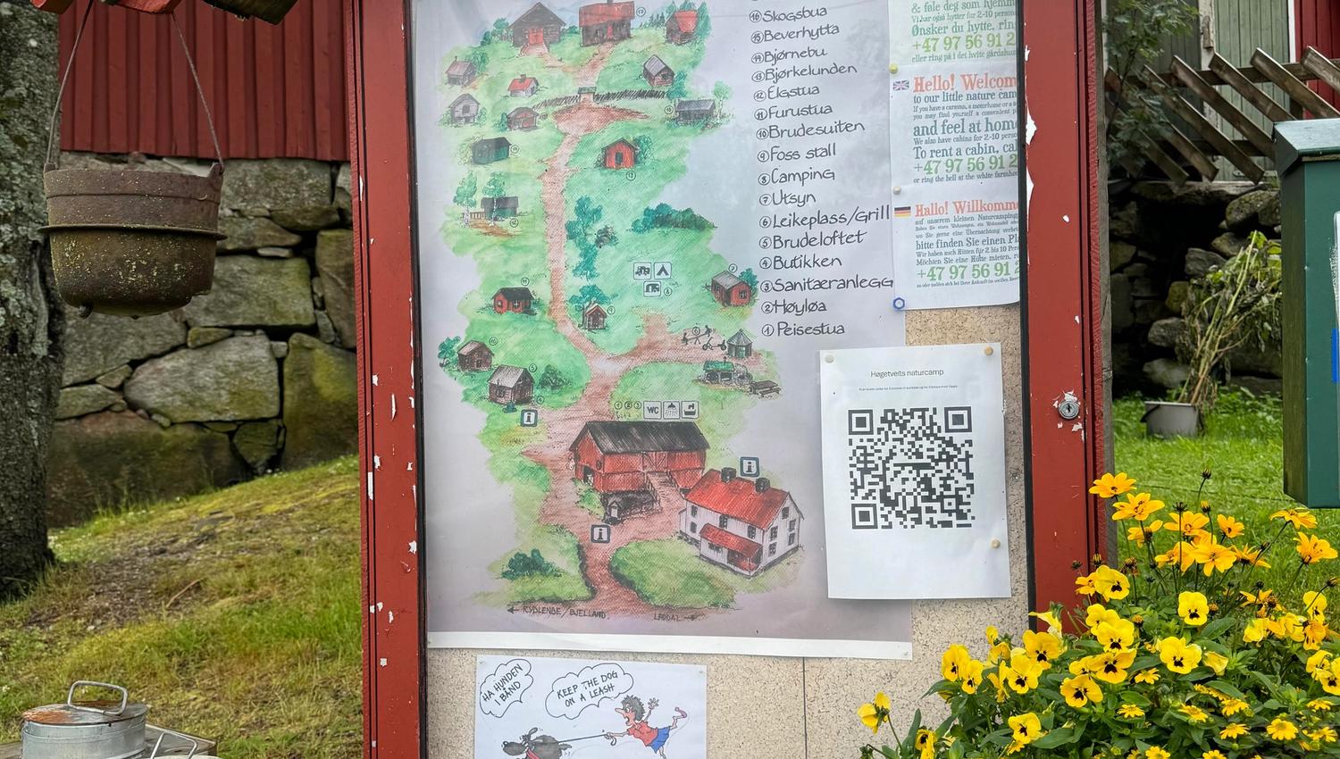 Infotavle på Høgetveits Naturcamp. Flott tegning over plassen, og ført opp med punktvis hvor ting ligger.
1.peisestua
2. høyløa
3. sanitæranlegg
4. butikken
5. brudeloftet
6. leikeplass/grill
7. utsyn
8. camping
9. foss stall
10. brudesuiten
11. furustua
12. elgstua
13. bjørkelunden
14. bjørnebu
15. beverhytta
16. skogsbua
17. husmannsplassen