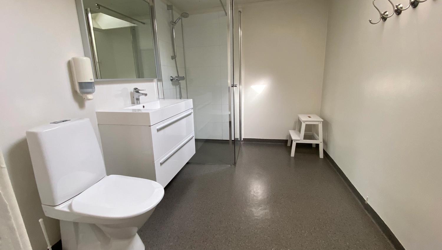 Hvitt baderom med do, vask med speil, dus og krakk