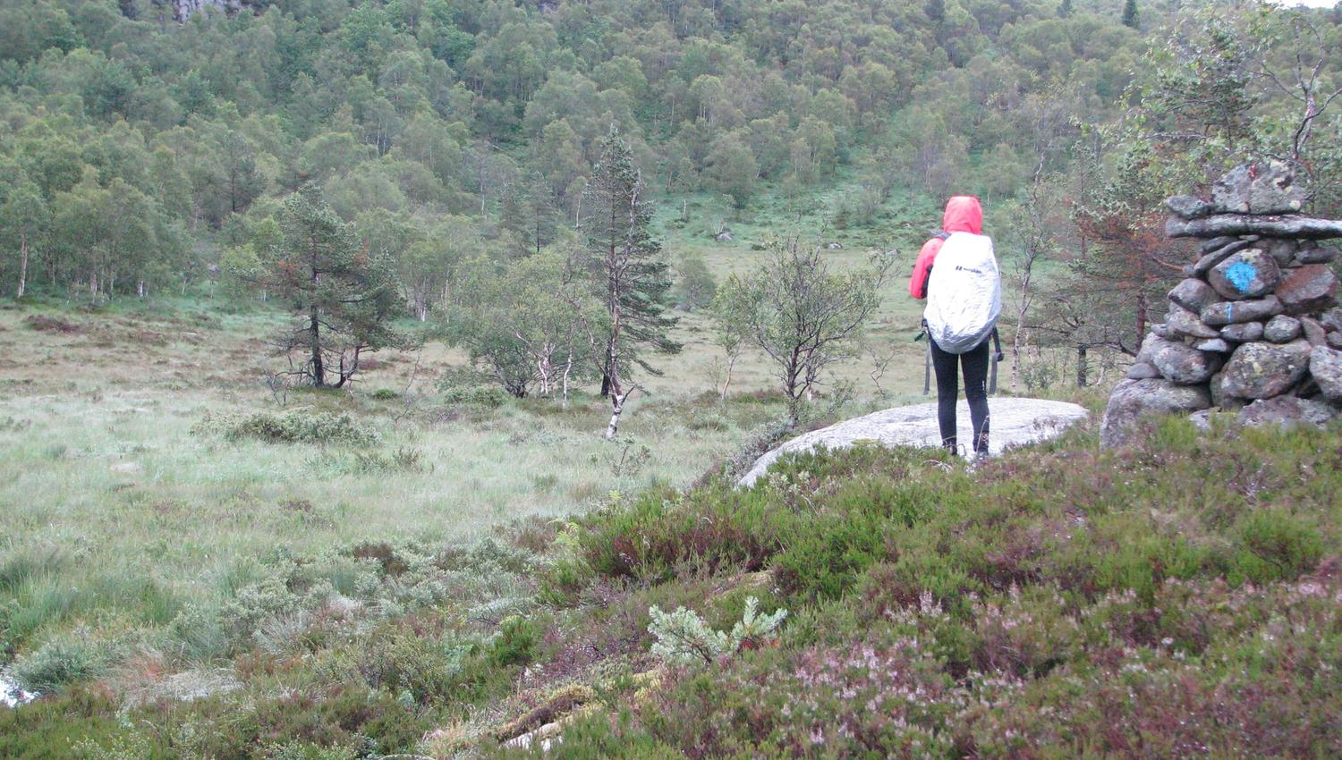 En person som står vedsiden av tursti steinhaug med markert blå flekk.