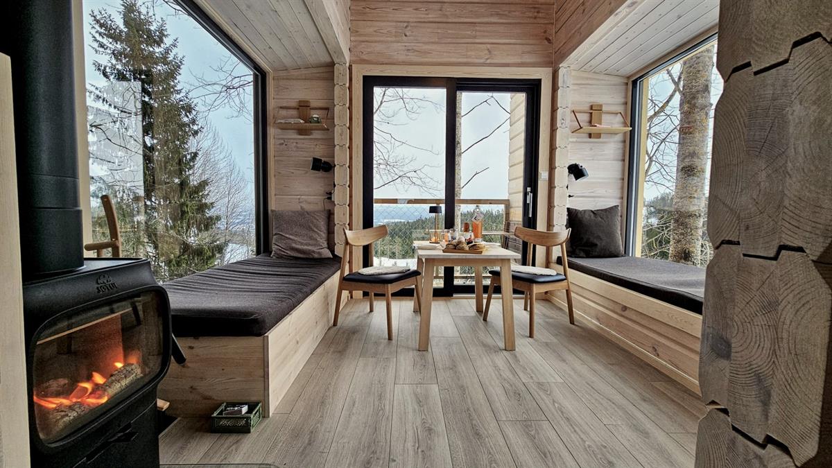 Cabin interior with a wood-burning stove, dining table, and large windows overlooking forest and nature.