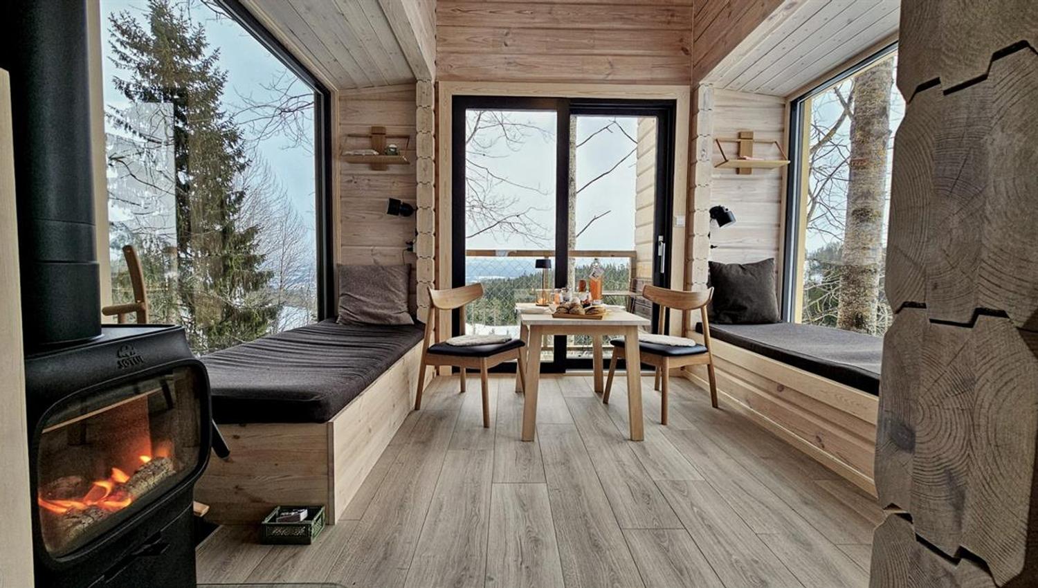 Cabin interior with a wood-burning stove, dining table, and large windows overlooking forest and nature.