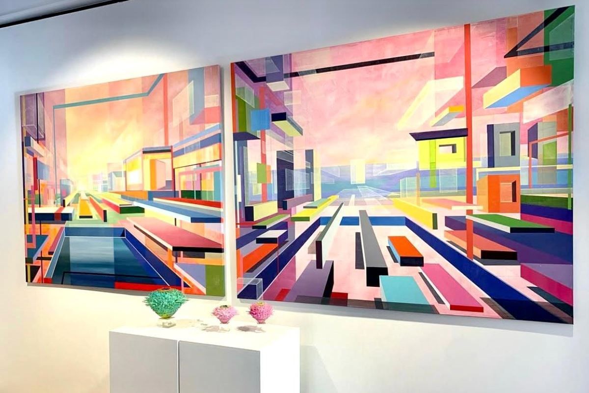 2 abstract artworks on wall in retro colors