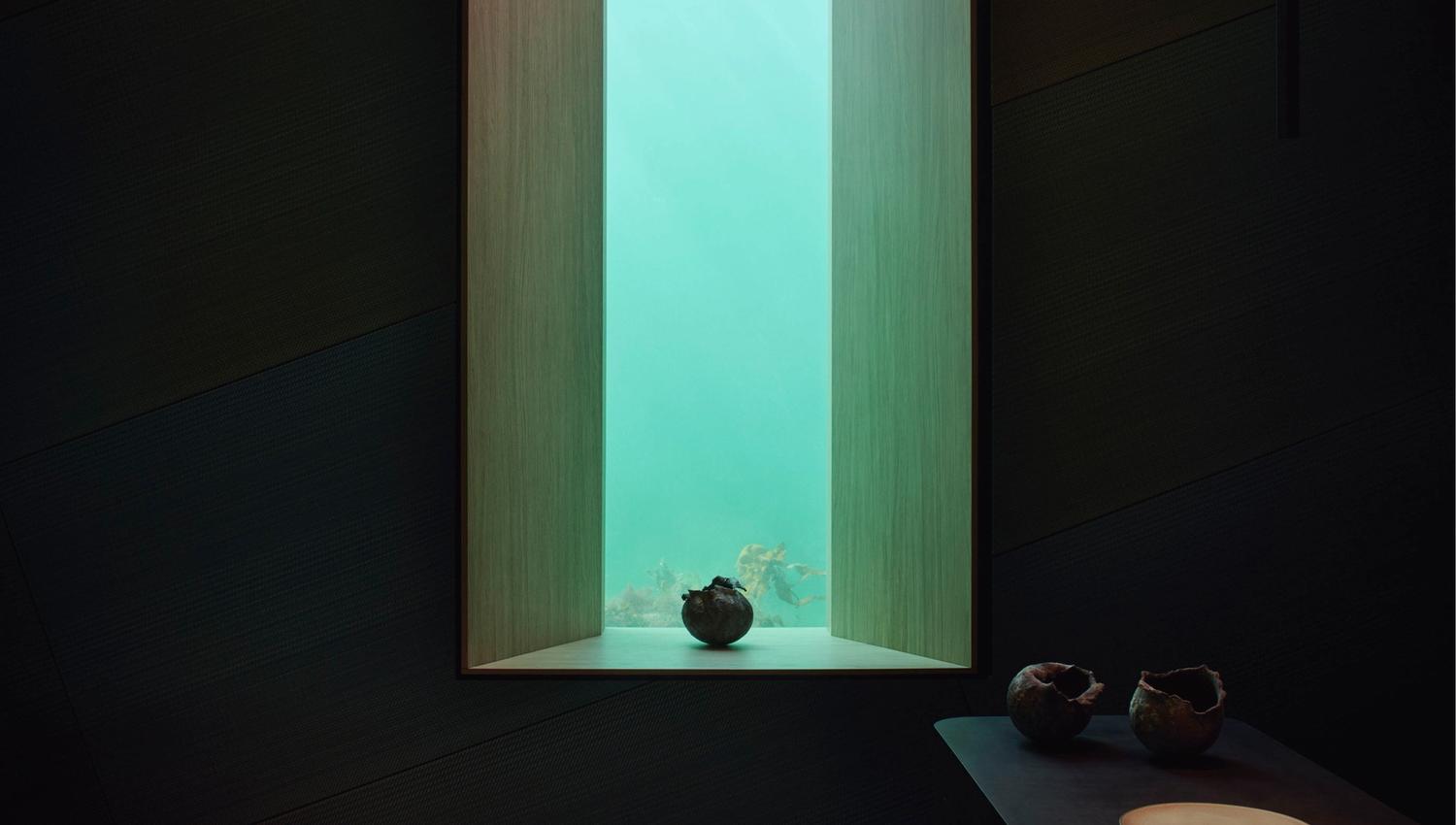 Narrow and tall window facing the water, turquoise-colored, algae at the bottom of the window. Dark room with a sideboard to the right.