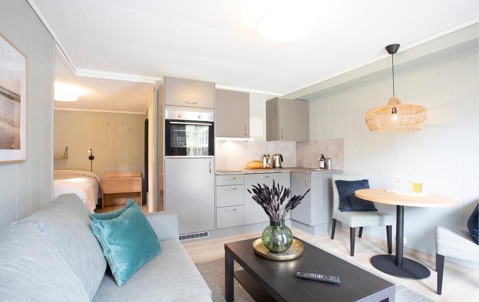 Bilde av stue/kjøkken i ferieleiligheter. grå sova med en blå pute, med svart bord. Grått teppe under sofaen og bordet. kjøkkenskapet og skuffene er grått L formet