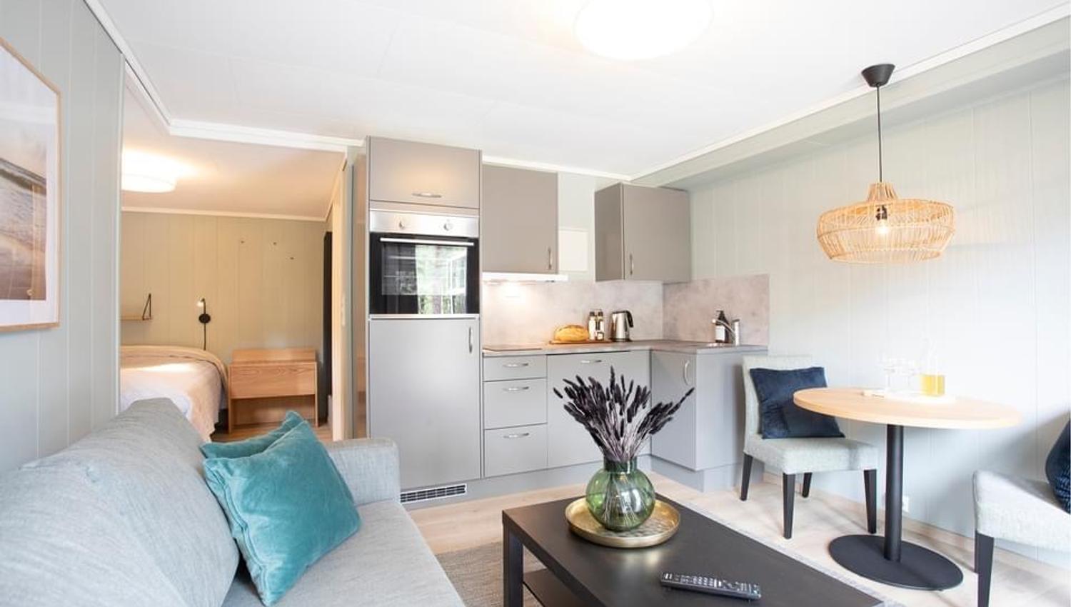 Bilde av stue/kjøkken i ferieleiligheter. grå sova med en blå pute, med svart bord. Grått teppe under sofaen og bordet. kjøkkenskapet og skuffene er grått L formet