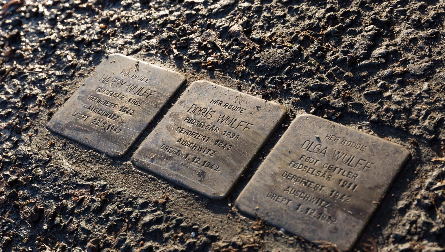 tre snublesteiner i gata: Doris, Harry og Olga Wulff som ble deportert til Auschwitz