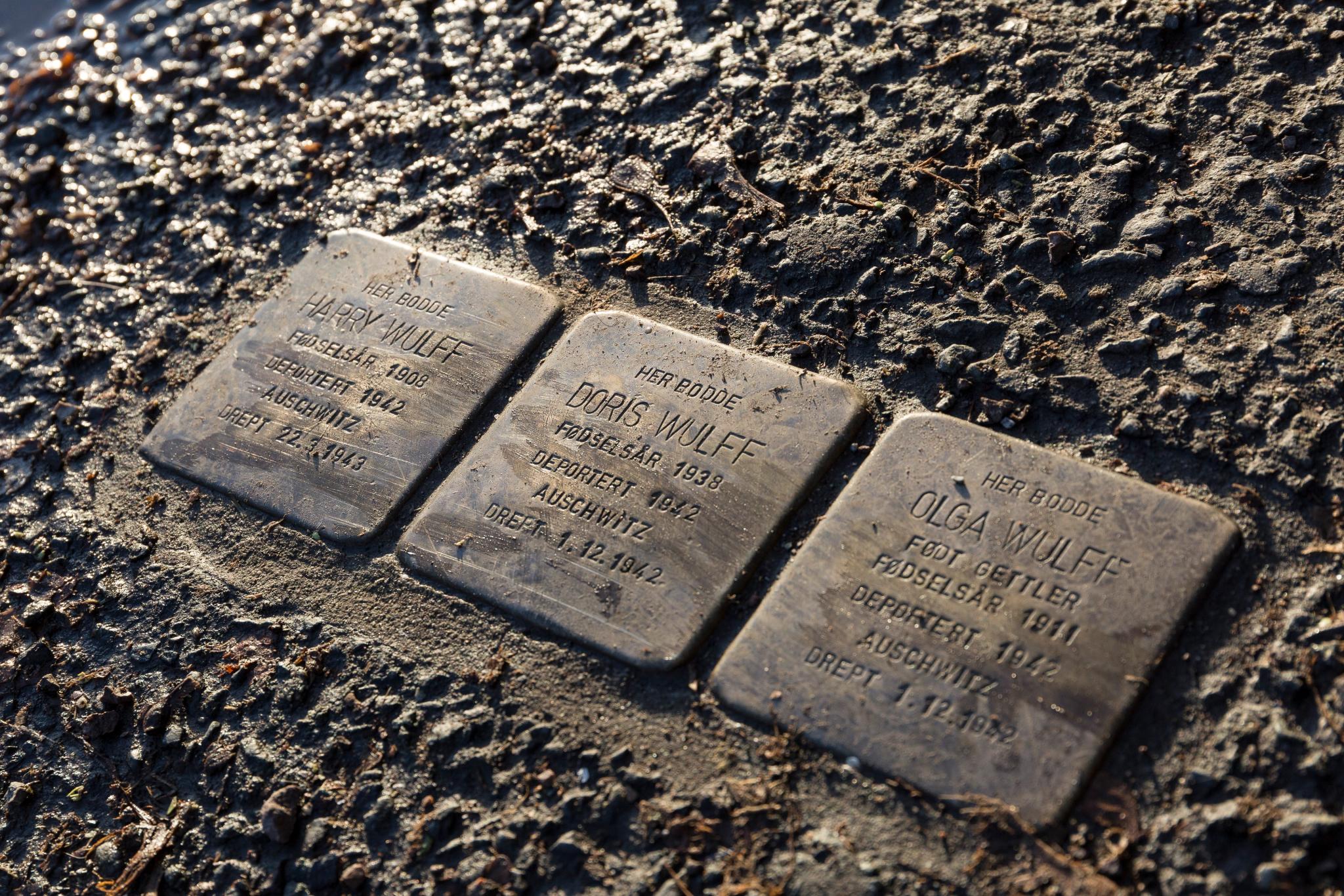 tre snublesteiner i gata: Doris, Harry og Olga Wulff som ble deportert til Auschwitz