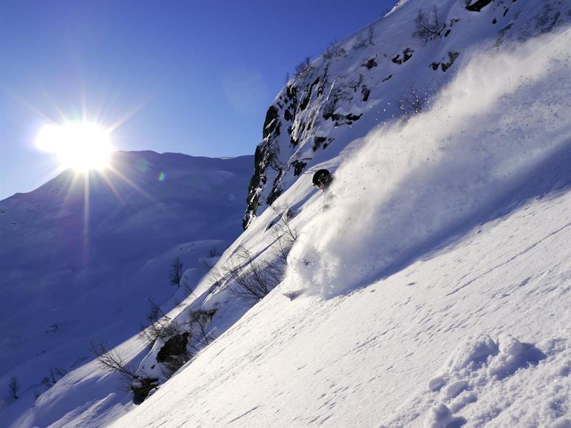 Freerider carving through deep powder snow in the sunset at Røldal Ski Resort.