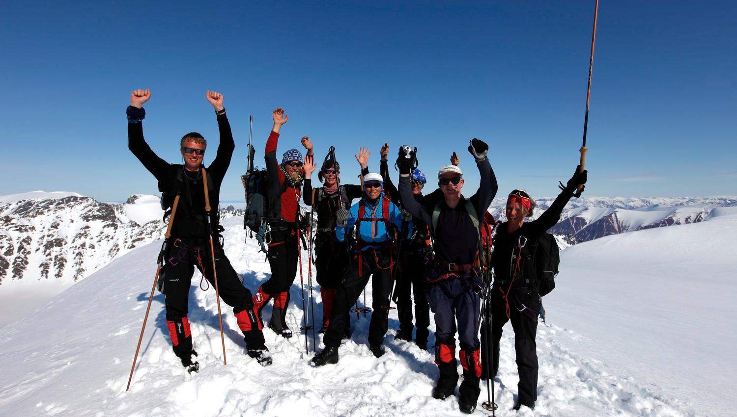 A tour group on top of a mountain