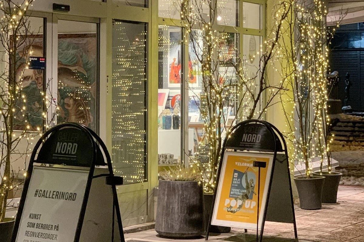 Shop entrance during winter, lit up by decorations
