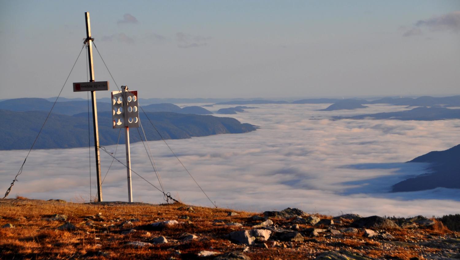 Utsikt fra Krintofjell på Lifjell, en topp på 930 meter over havet. Et sky- og tåkelag ligger tett over bygdene nedenfor.