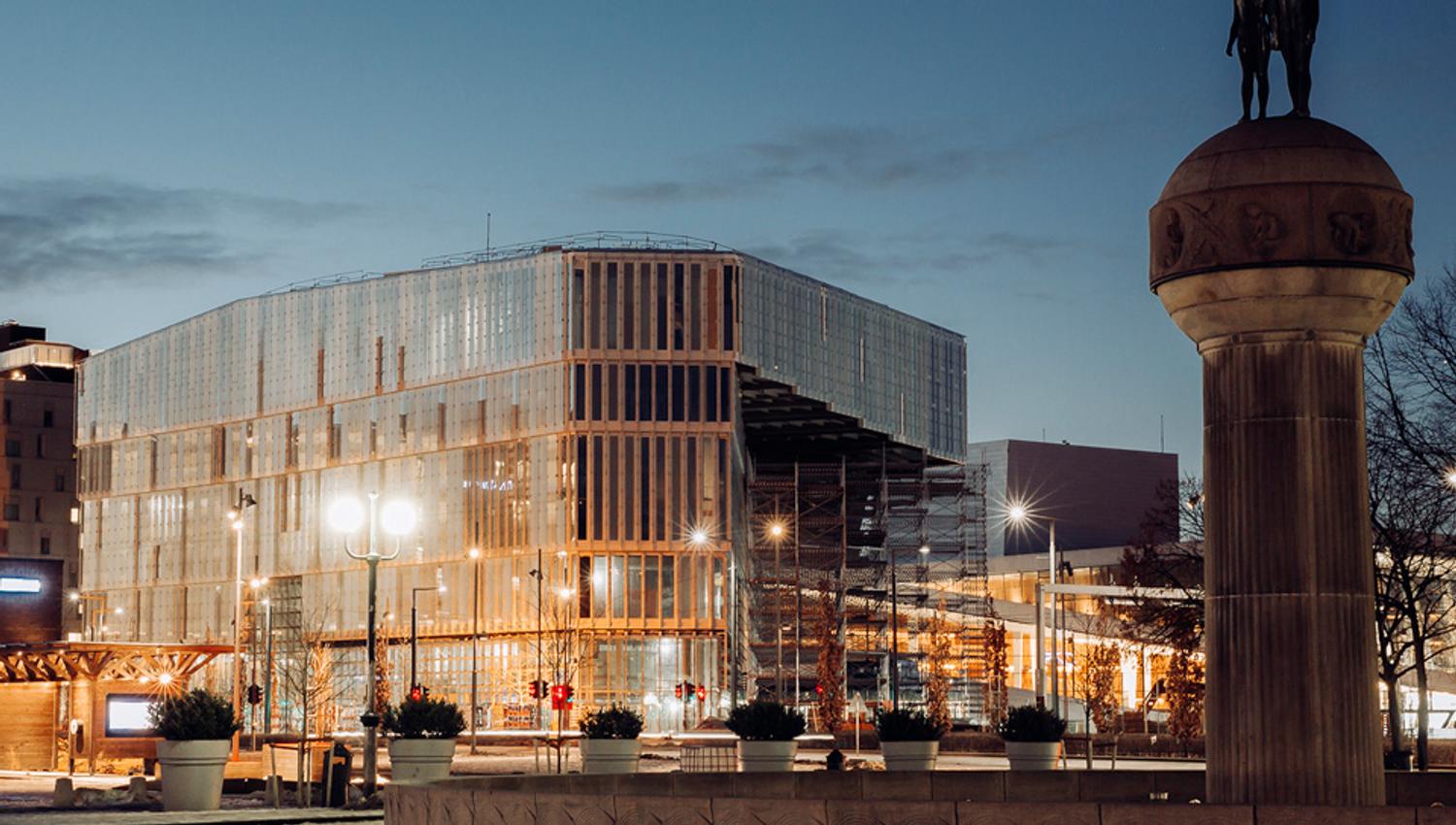 Exterior photo during evening.