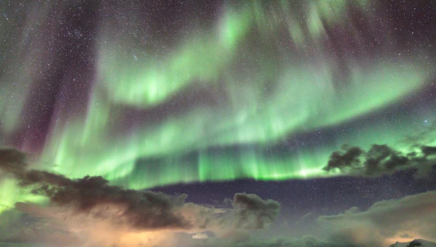 Nordlys og snødekt landskap