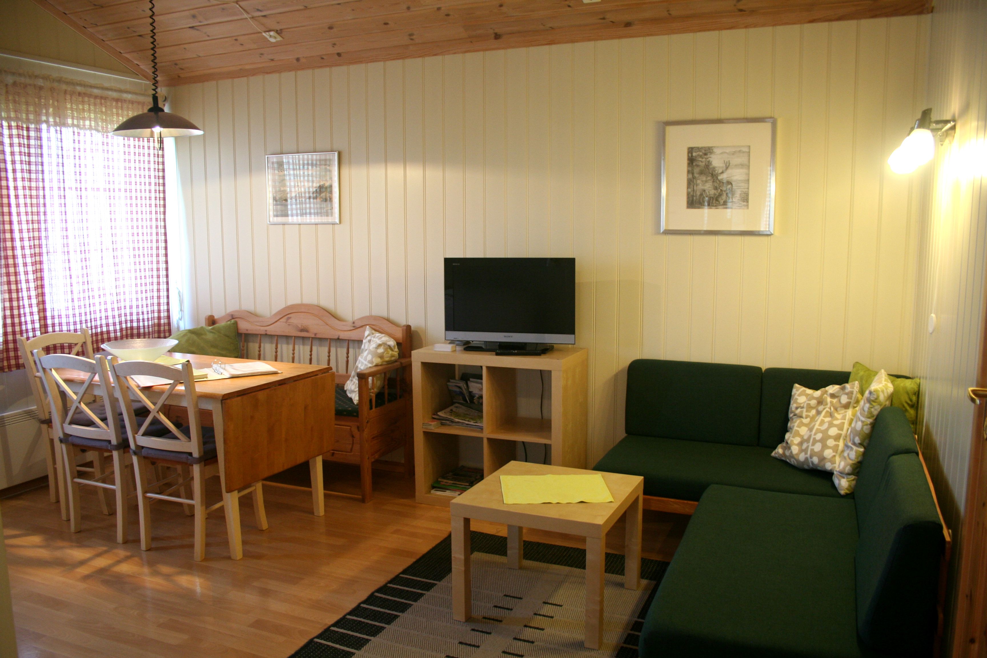 Lys og koseleg stove med spisebord, sofa og TV på Oddland Camping i Hardanger.