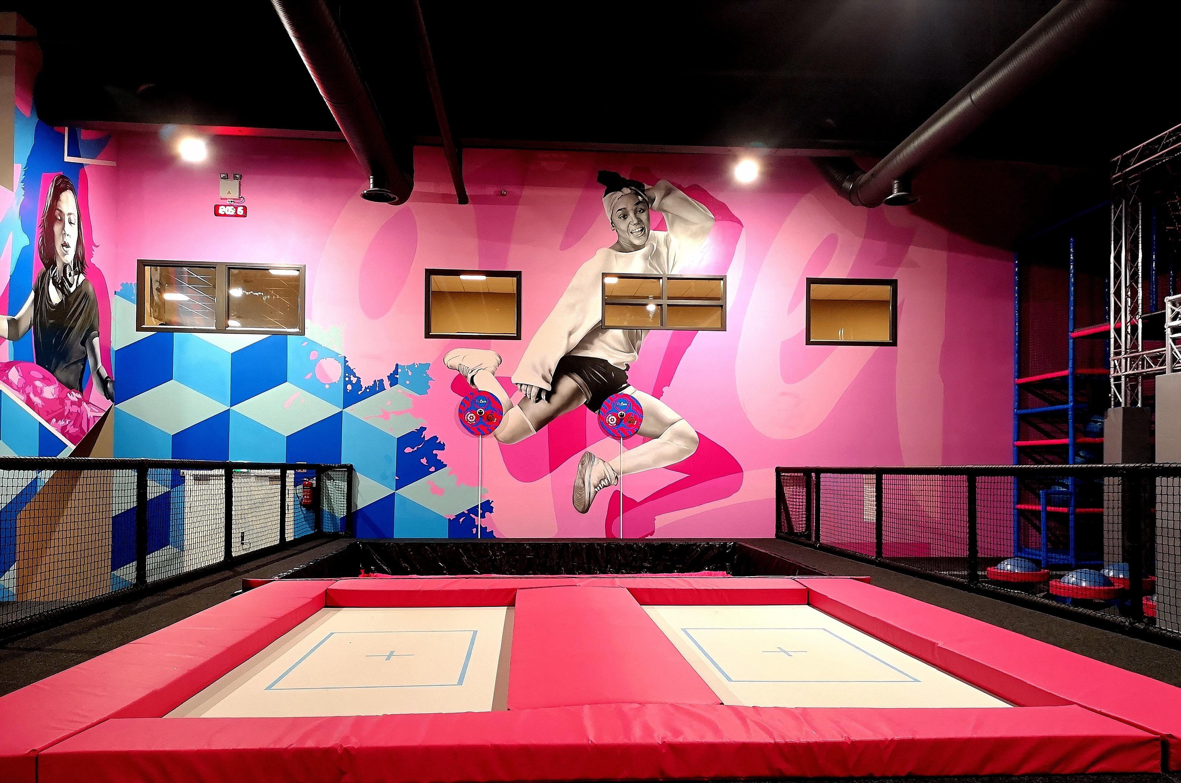 two trampolines in a trampoline barn