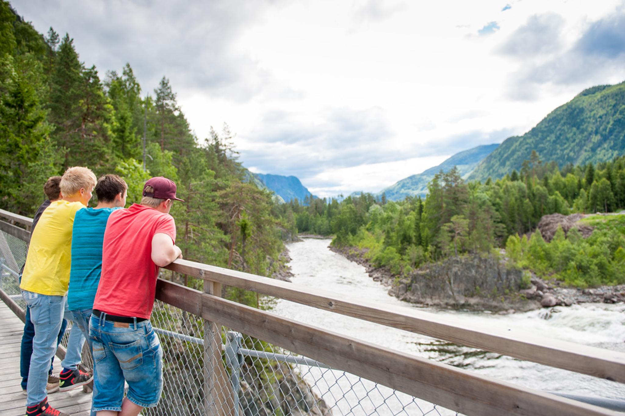 gutter står på en bro og ser over vannet