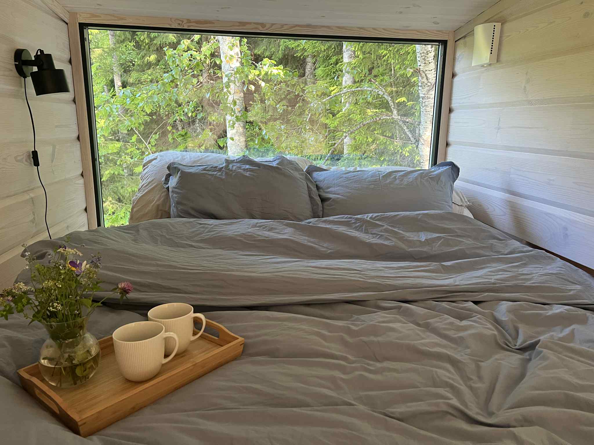 Bed in front of a large window with a view of nature, with a tray holding two coffee cups on it.