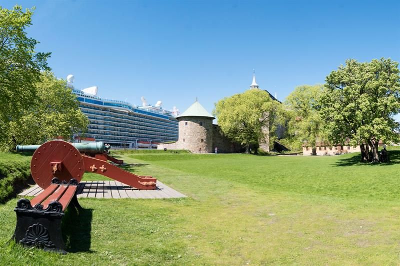 Benk, kanon, gress, trær, Munks tårn og et cruiseskip.