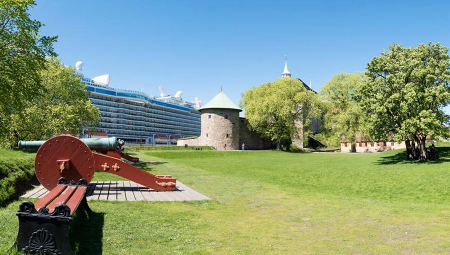 Benk, kanon, gress, trær, Munks tårn og et cruiseskip.