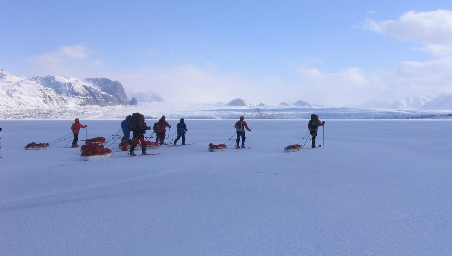 A tour group pulling sleds while skiing