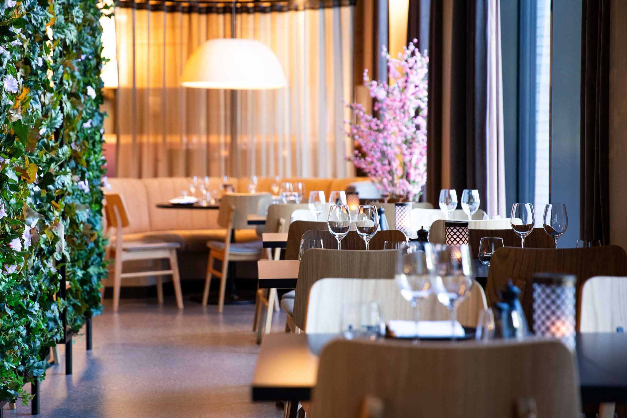Restaurantinteriør av dekkede bord og stoler
