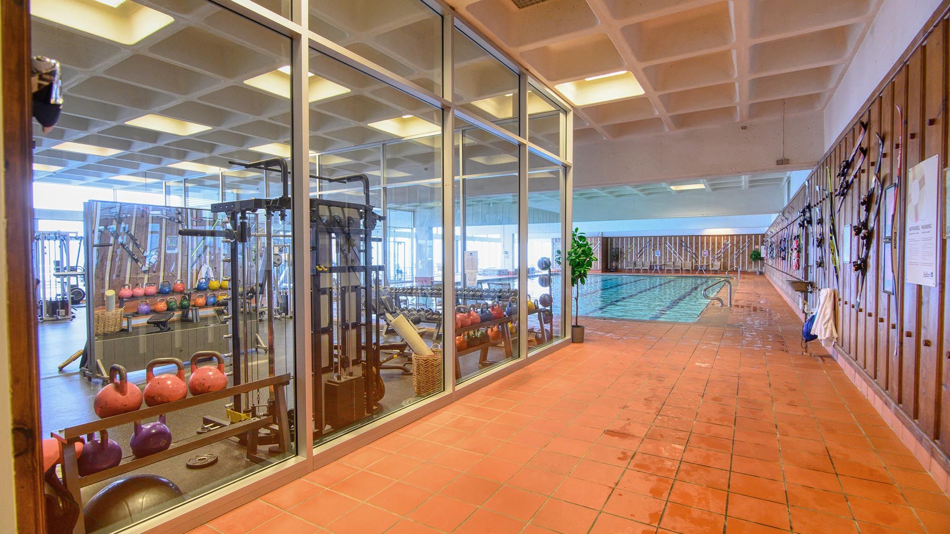 Gym med svømmebasseng i bakgrunn
