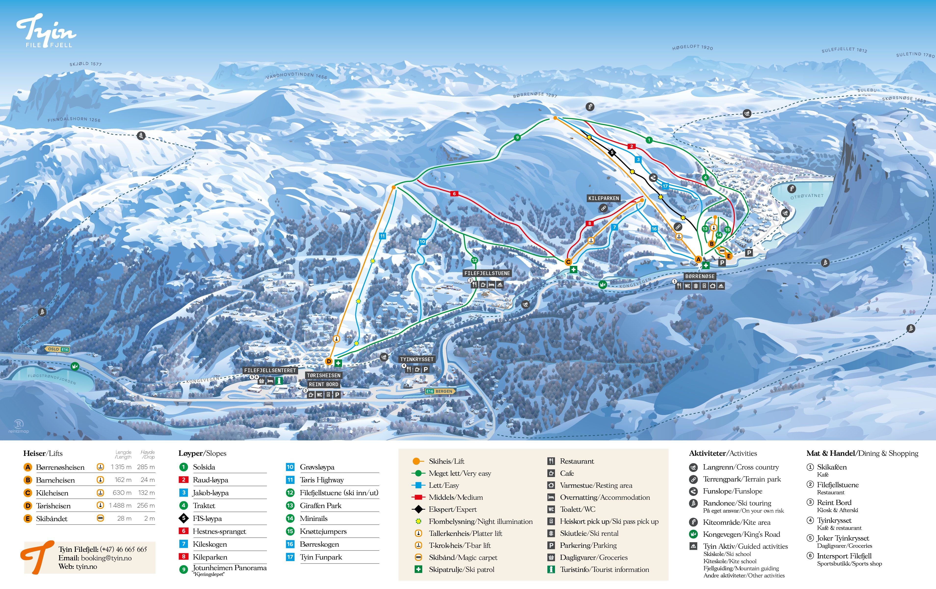 Kart over Tyin-Filefjell Skisenter