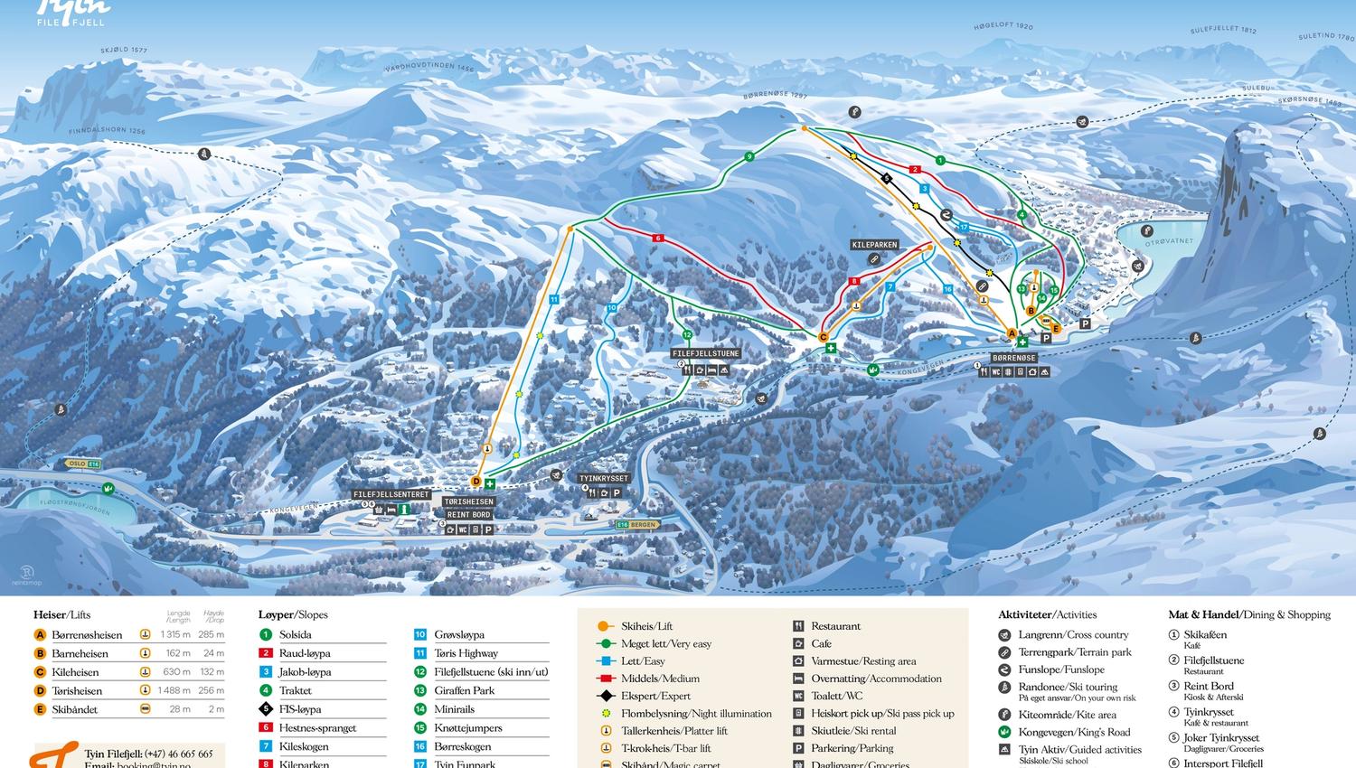 Kart over Tyin-Filefjell Skisenter